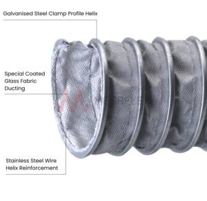 High-Temp Glass Fabric Ducting 400C - Stainless Steel Reinforced